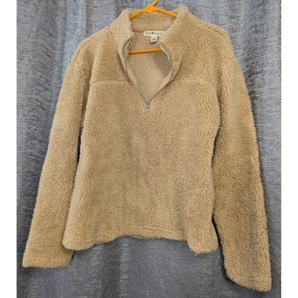 Eye Candy pullover Sherpa Style Women M Tan Soft 1/4 Zip